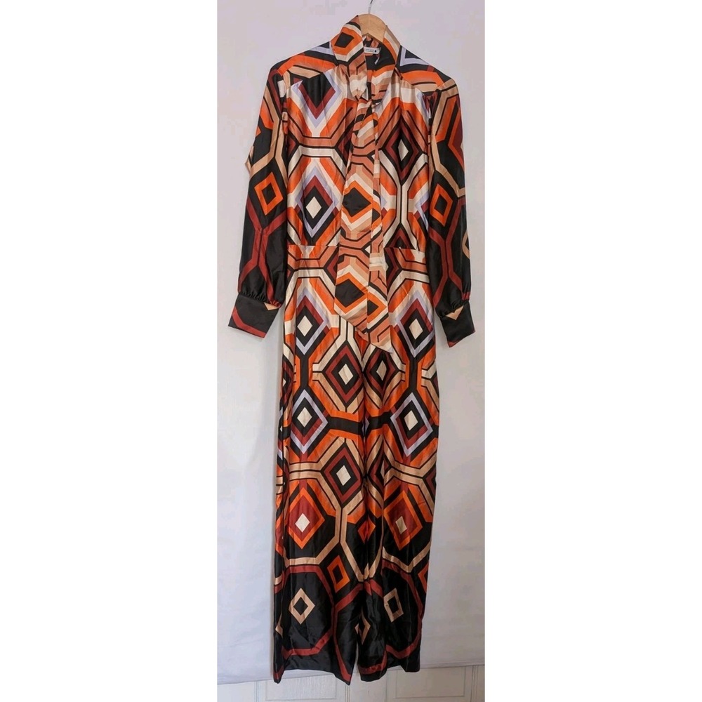 Zara Satin Geometric Jumpsuit Retro 70s Print Long Sleeve Wide Leg NWT Sz M - Picture 4 of 14